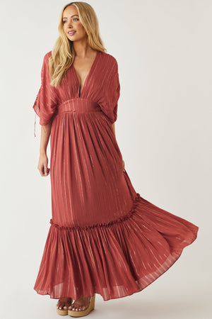 Bright Marsala Metallic Threaded Woven Maxi Dress