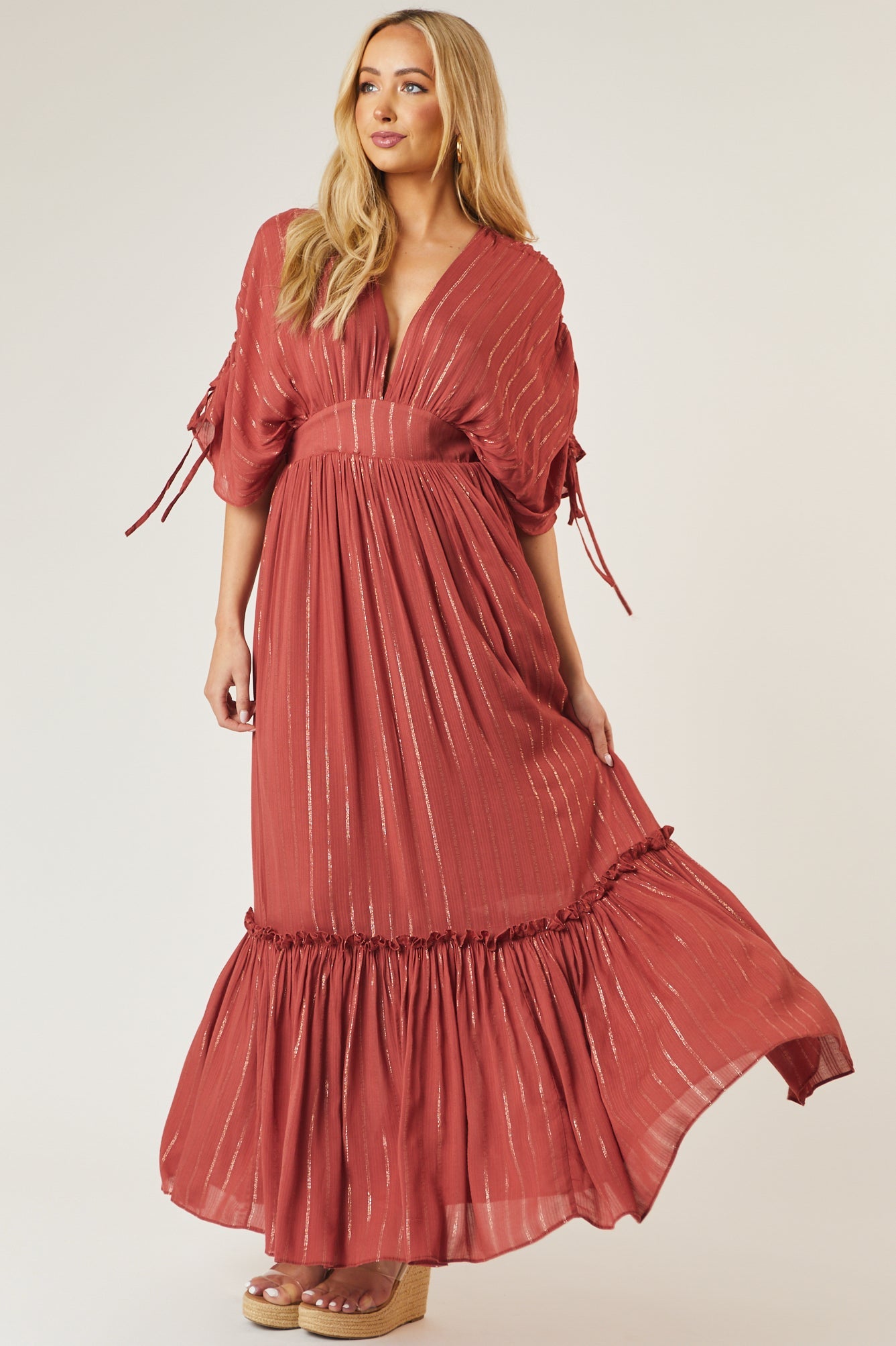 Bright Marsala Metallic Threaded Woven Maxi Dress