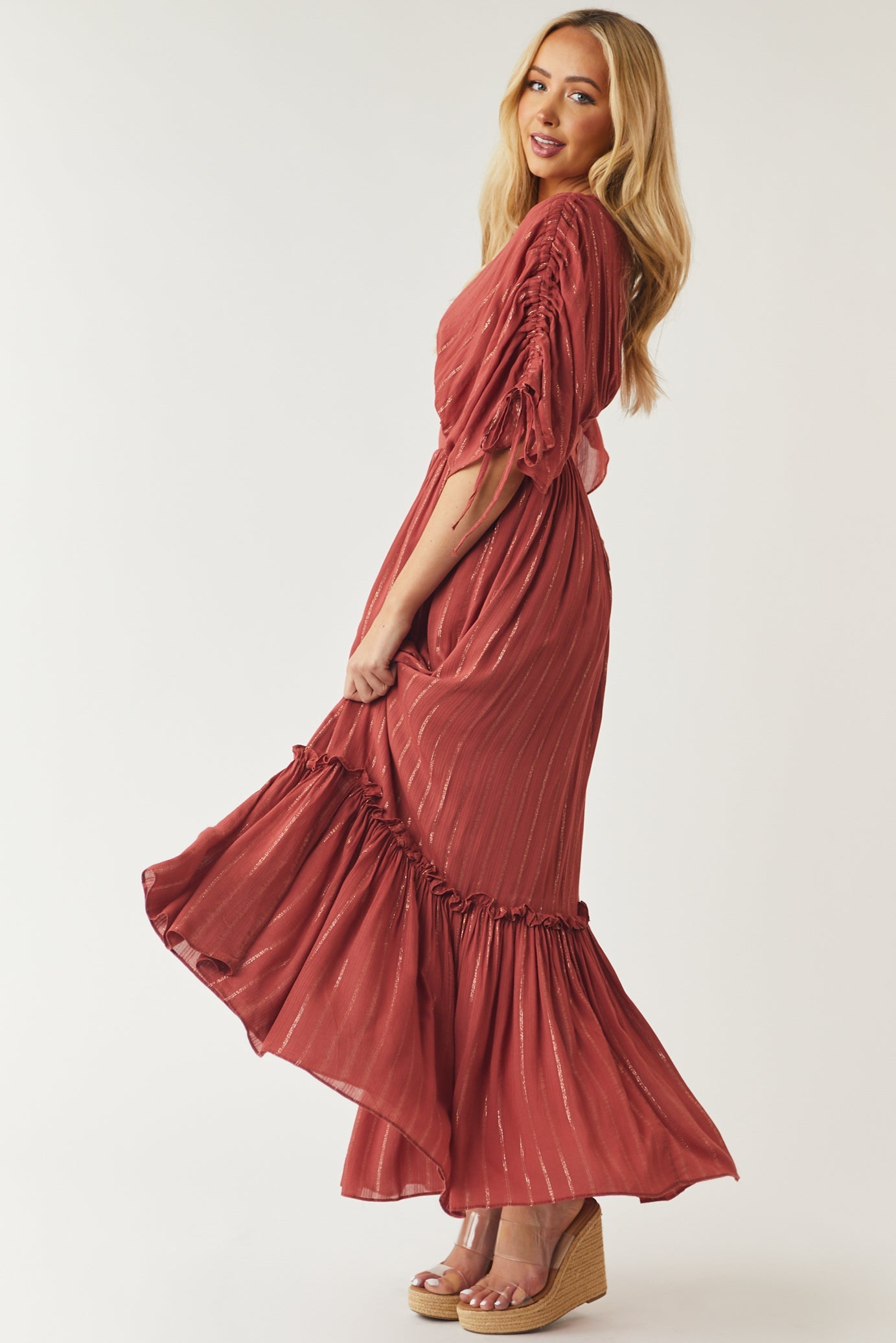 Bright Marsala Metallic Threaded Woven Maxi Dress