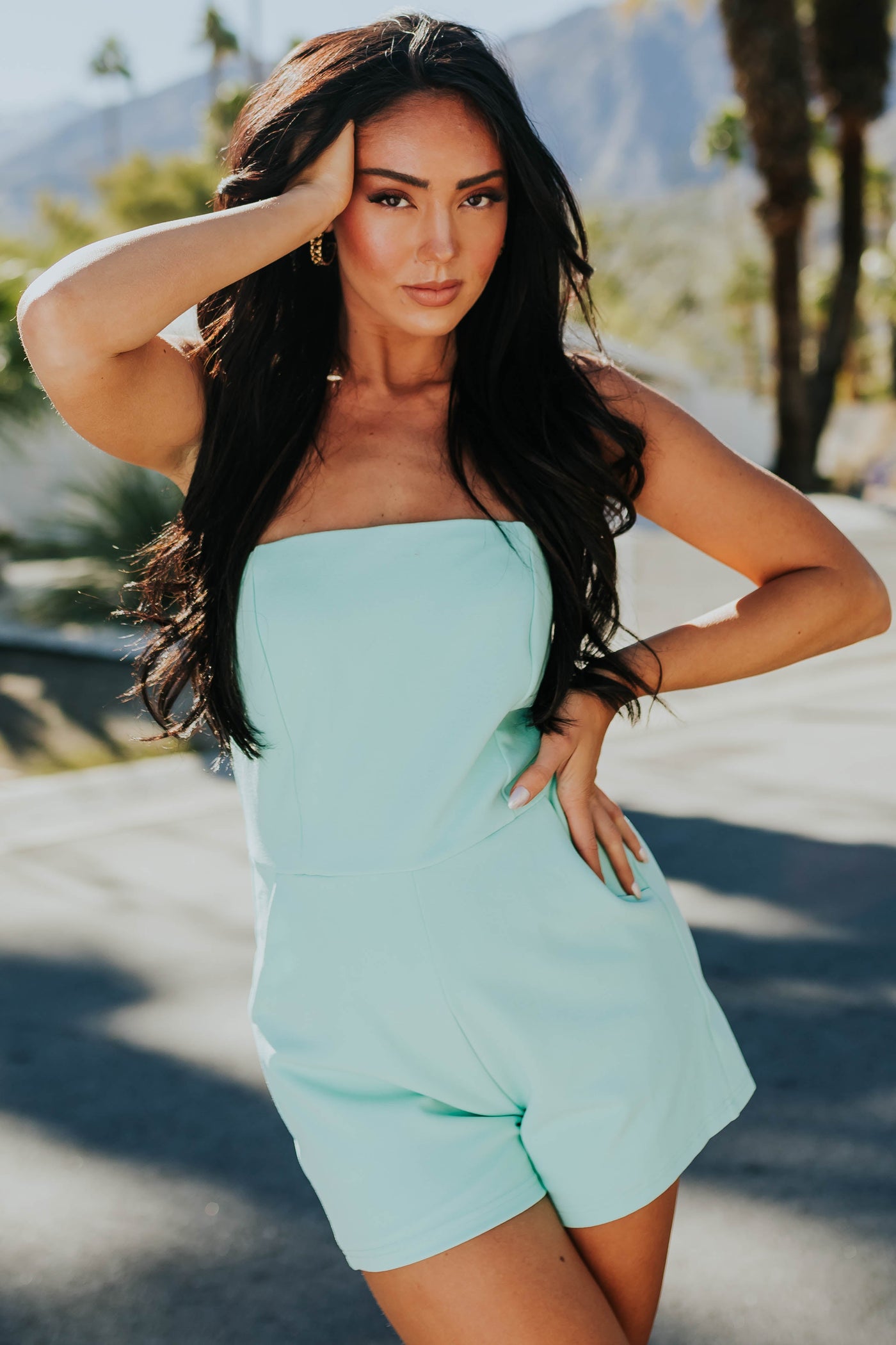 Bright Mint Strapless Romper with Pockets