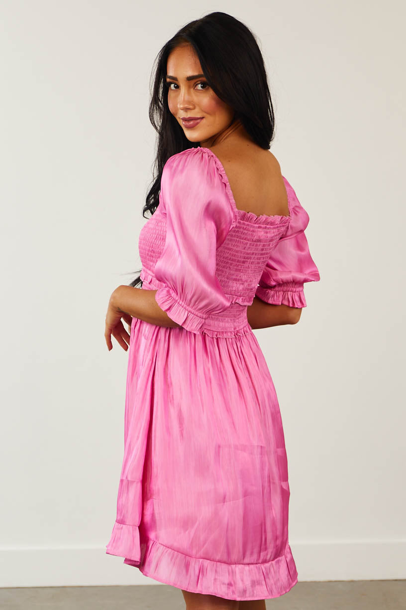Bright Pink Shimmery Smocked Dress with Ruffle Details