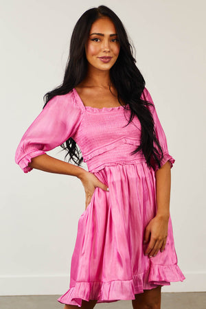 Bright Pink Shimmery Smocked Dress with Ruffle Details