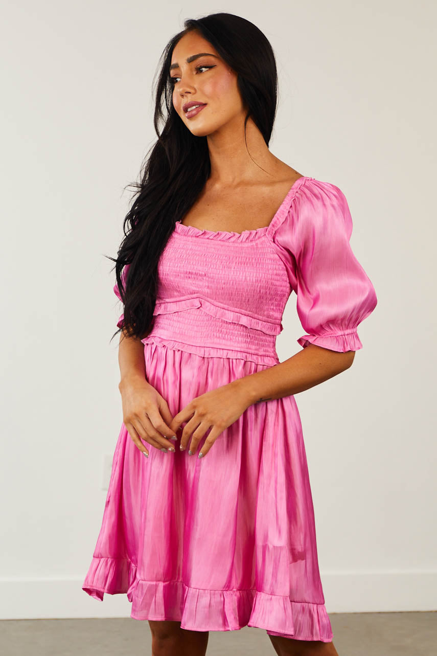 Bright Pink Shimmery Smocked Dress with Ruffle Details