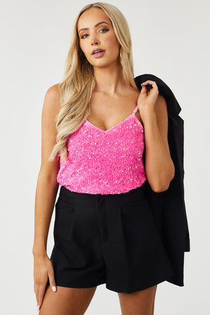Bright Pink V Neckline Sequined Velvet Tank Top