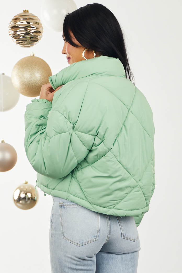 Bright Sage Drawstring Hemline Zip Up Quilted Coat