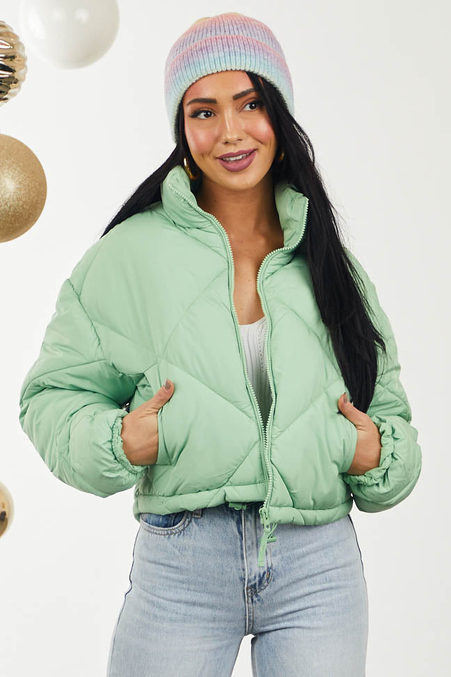 Bright Sage Drawstring Hemline Zip Up Quilted Coat