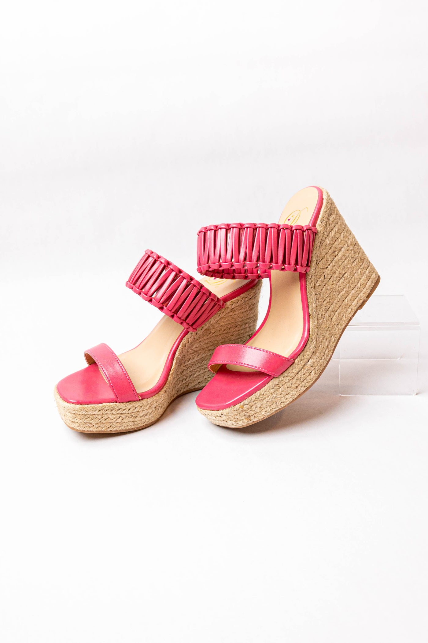 Bright Pink Leather Interlaced Strap Espadrille Wedge