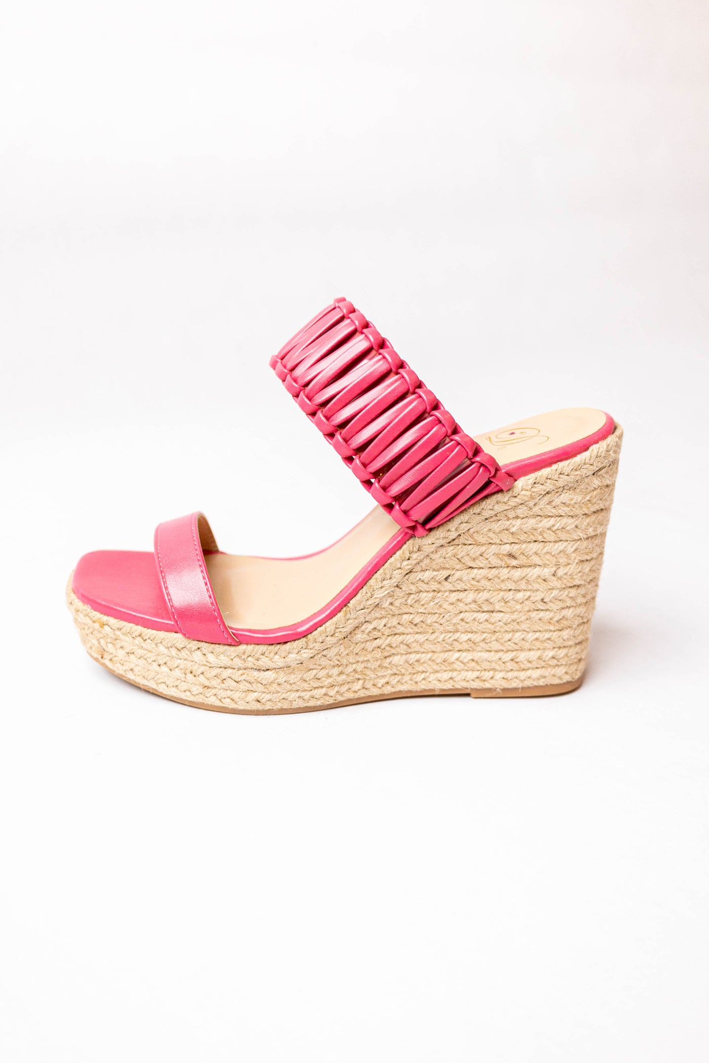 Bright Pink Leather Interlaced Strap Espadrille Wedge