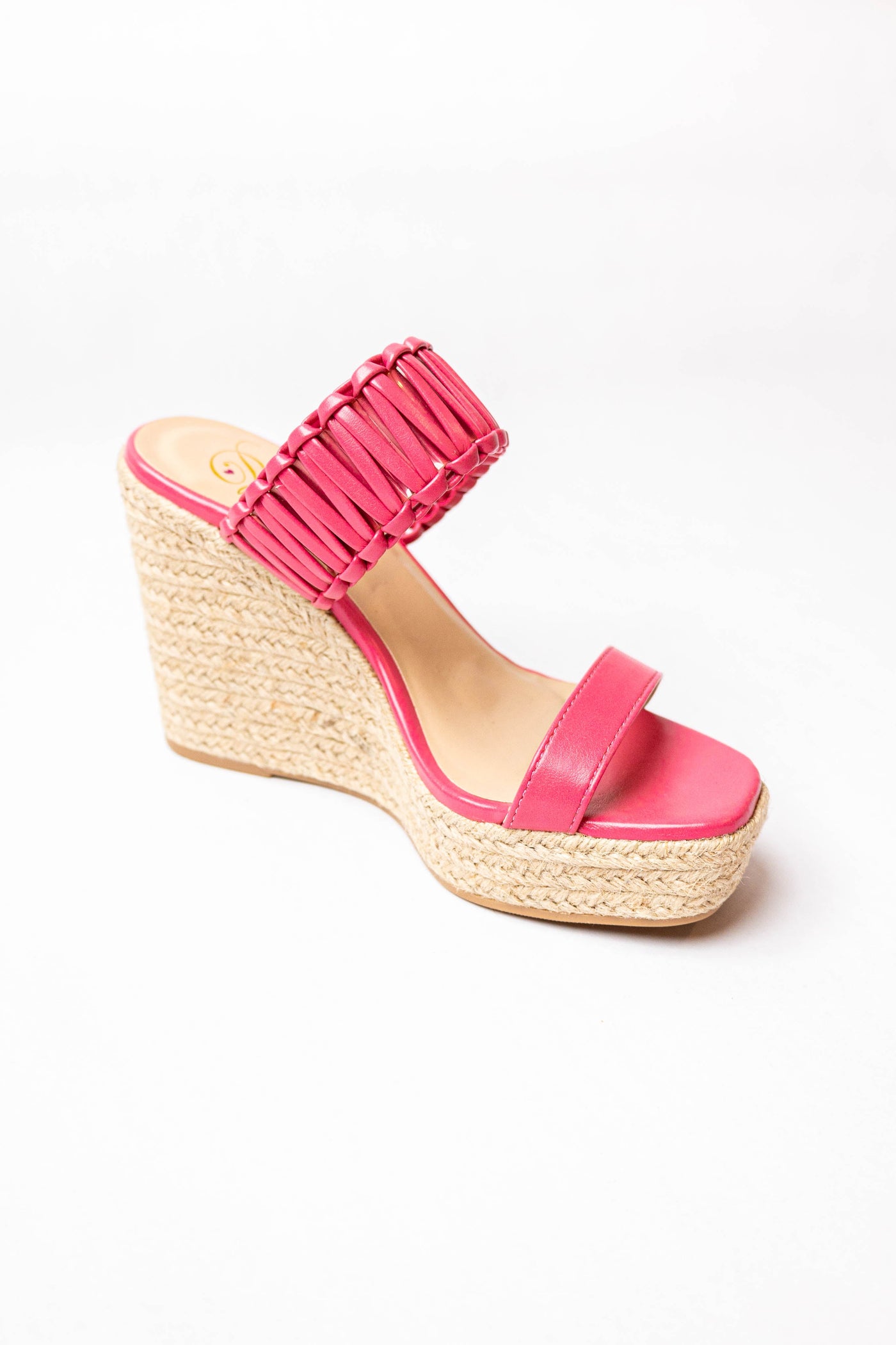 Bright Pink Leather Interlaced Strap Espadrille Wedge