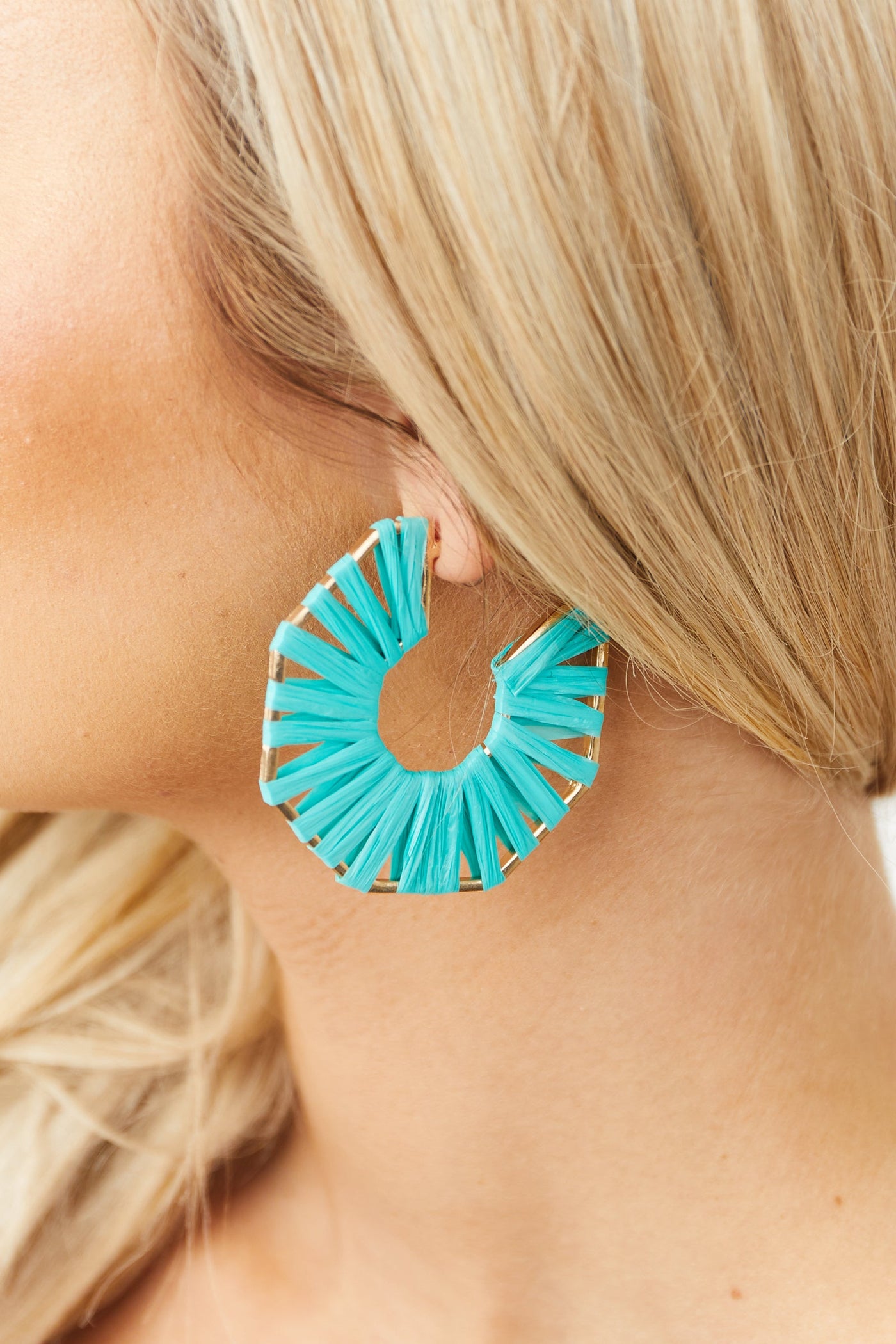 Bright Teal Raffia Weave Hexagonal Hoop Earrings