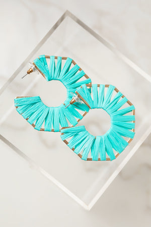 Bright Teal Raffia Weave Hexagonal Hoop Earrings