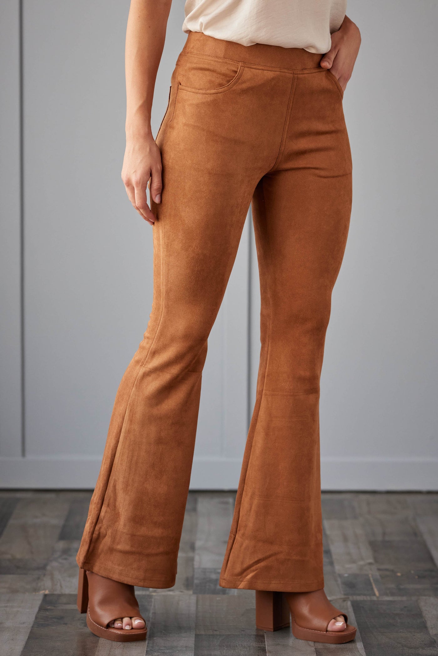 Brown Sugar Faux Suede Flare Pants with Pockets