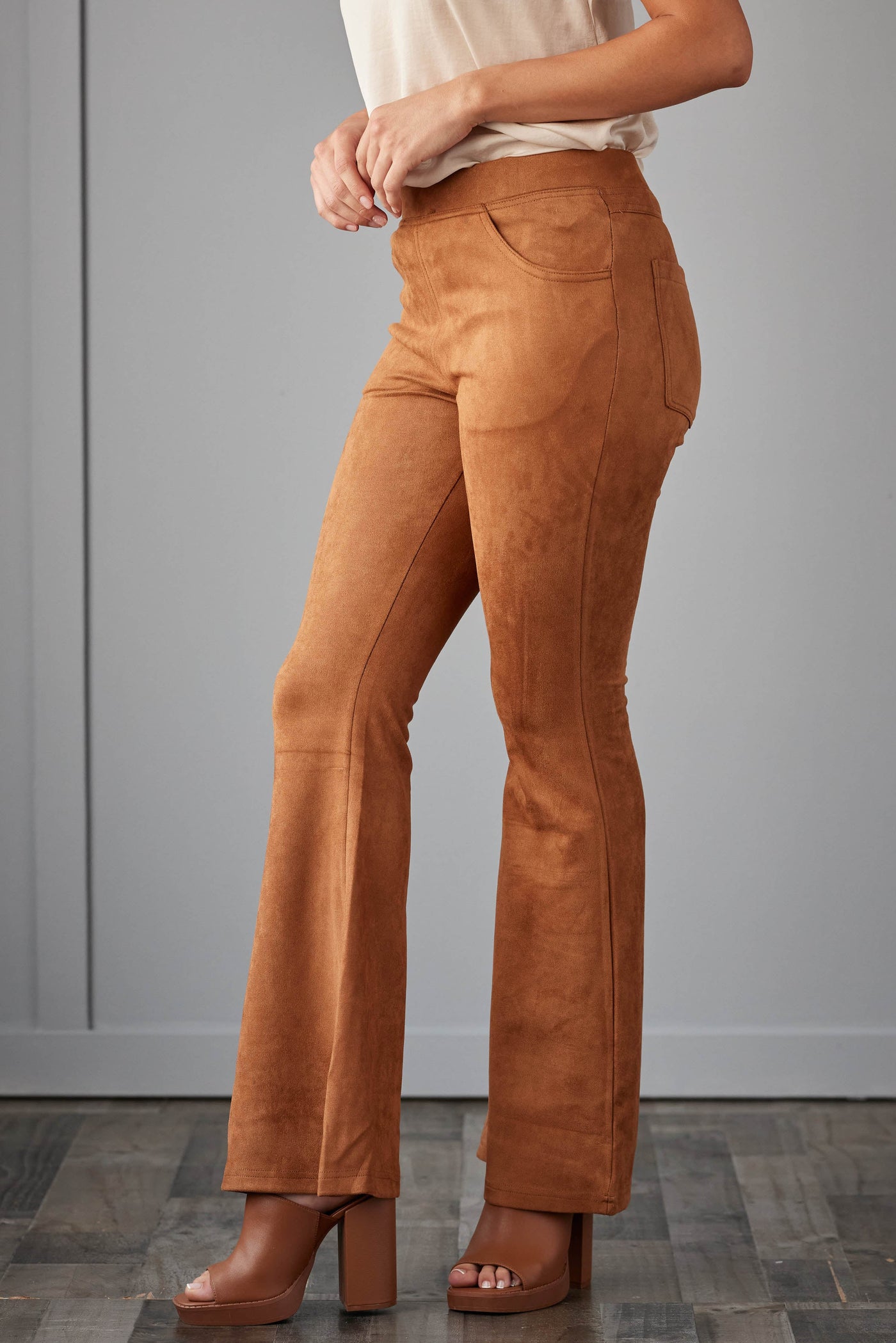 Brown Sugar Faux Suede Flare Pants with Pockets