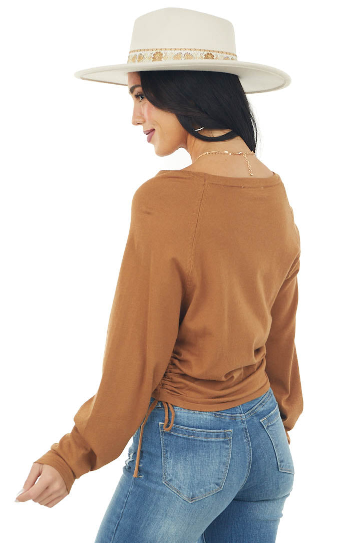Brown Sugar Long Raglan Sleeve Ruched Side Top
