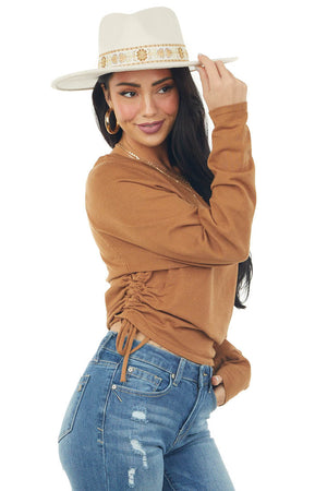 Brown Sugar Long Raglan Sleeve Ruched Side Top