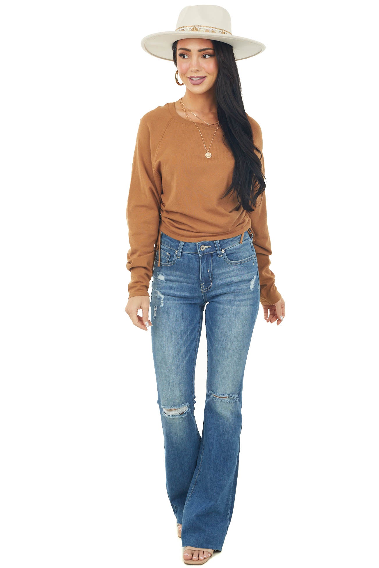 Brown Sugar Long Raglan Sleeve Ruched Side Top