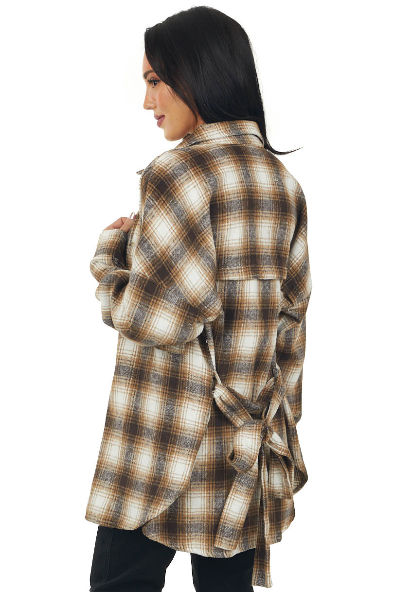 Brown Sugar Plaid Shirt Jacket with Waist Tie