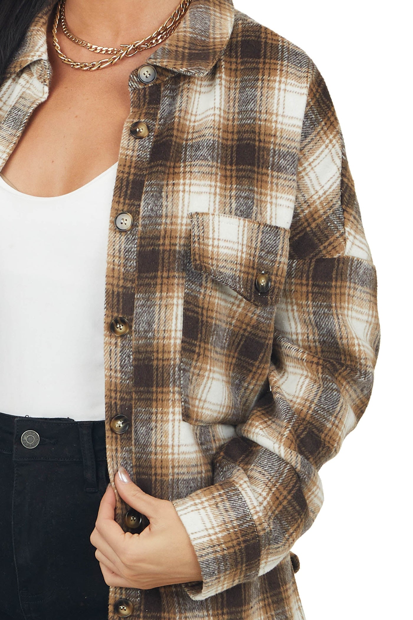 Brown Sugar Plaid Shirt Jacket with Waist Tie