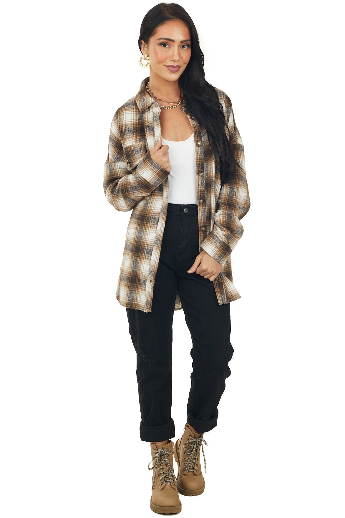 Brown Sugar Plaid Shirt Jacket with Waist Tie
