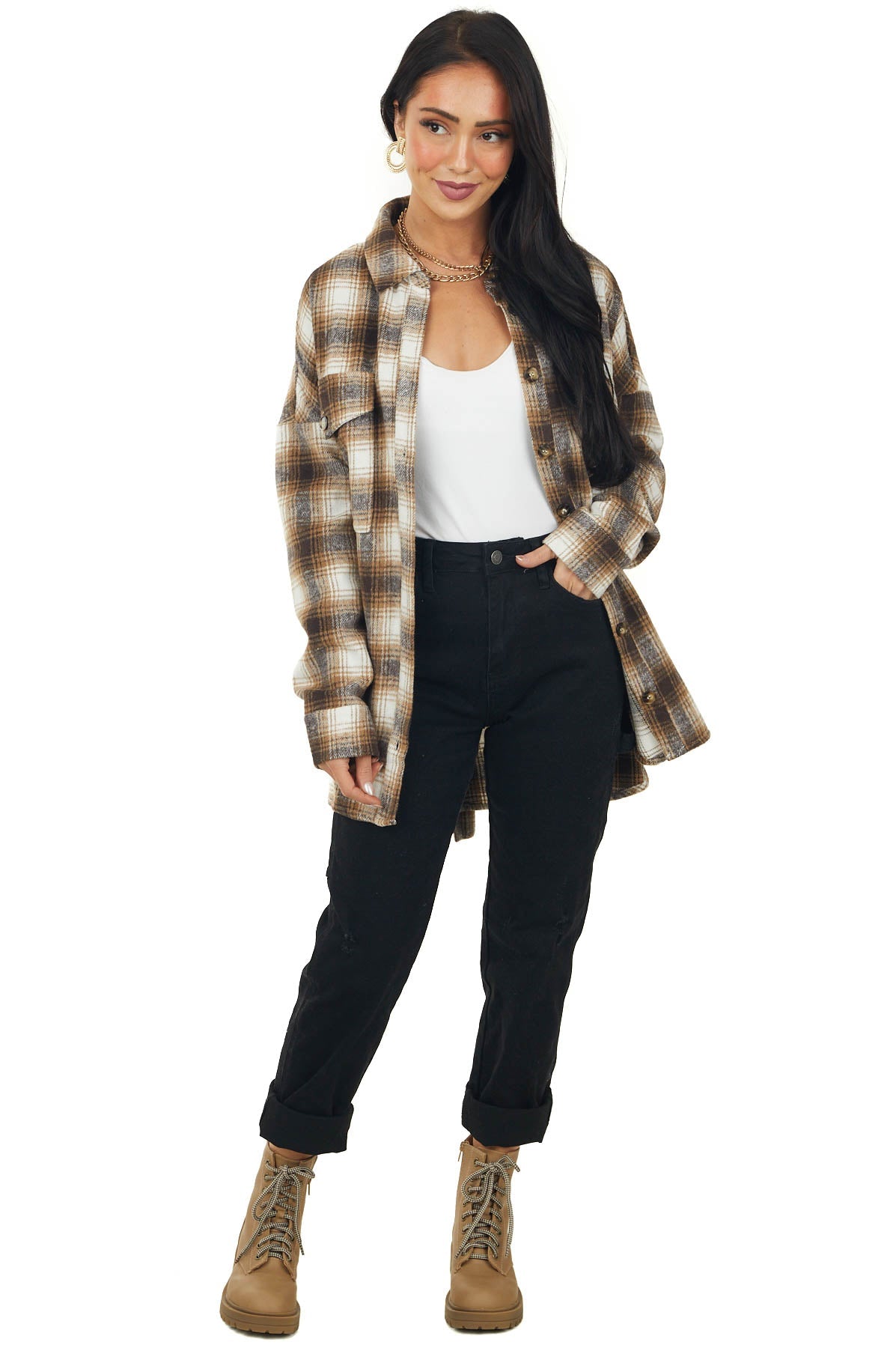 Brown Sugar Plaid Shirt Jacket with Waist Tie