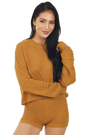 Brown Sugar Ribbed Knit Sweater and Shorts Set