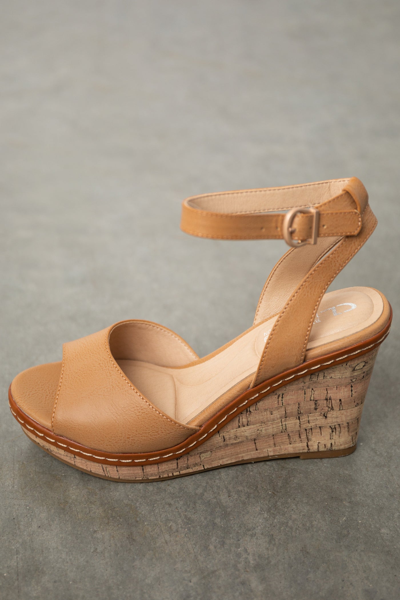 Brown Sugar Ankle Strap Cork Wedge Heels