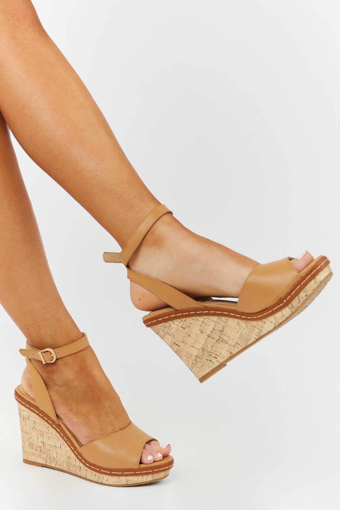 Brown Sugar Ankle Strap Cork Wedge Heels