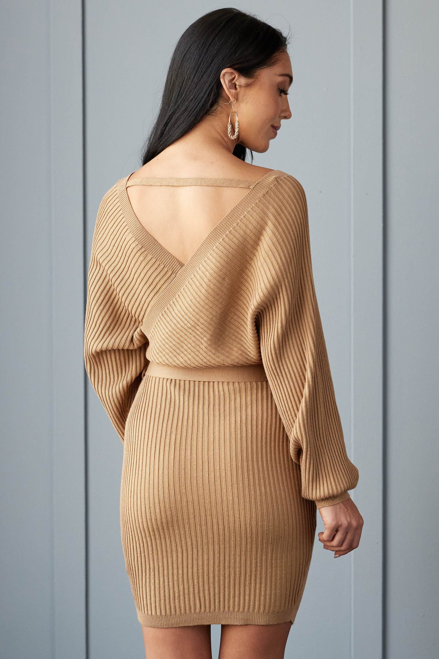 Brown Sugar Surplice Ribbed Knit Sweater Dress