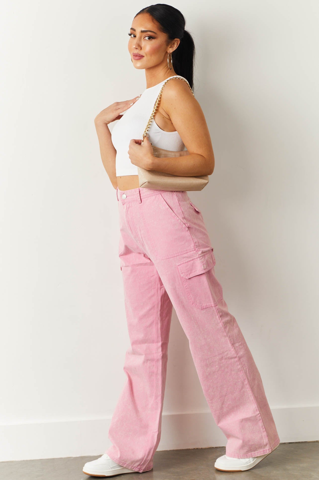 Bubblegum Acid Wash Wide Leg Cargo Pants