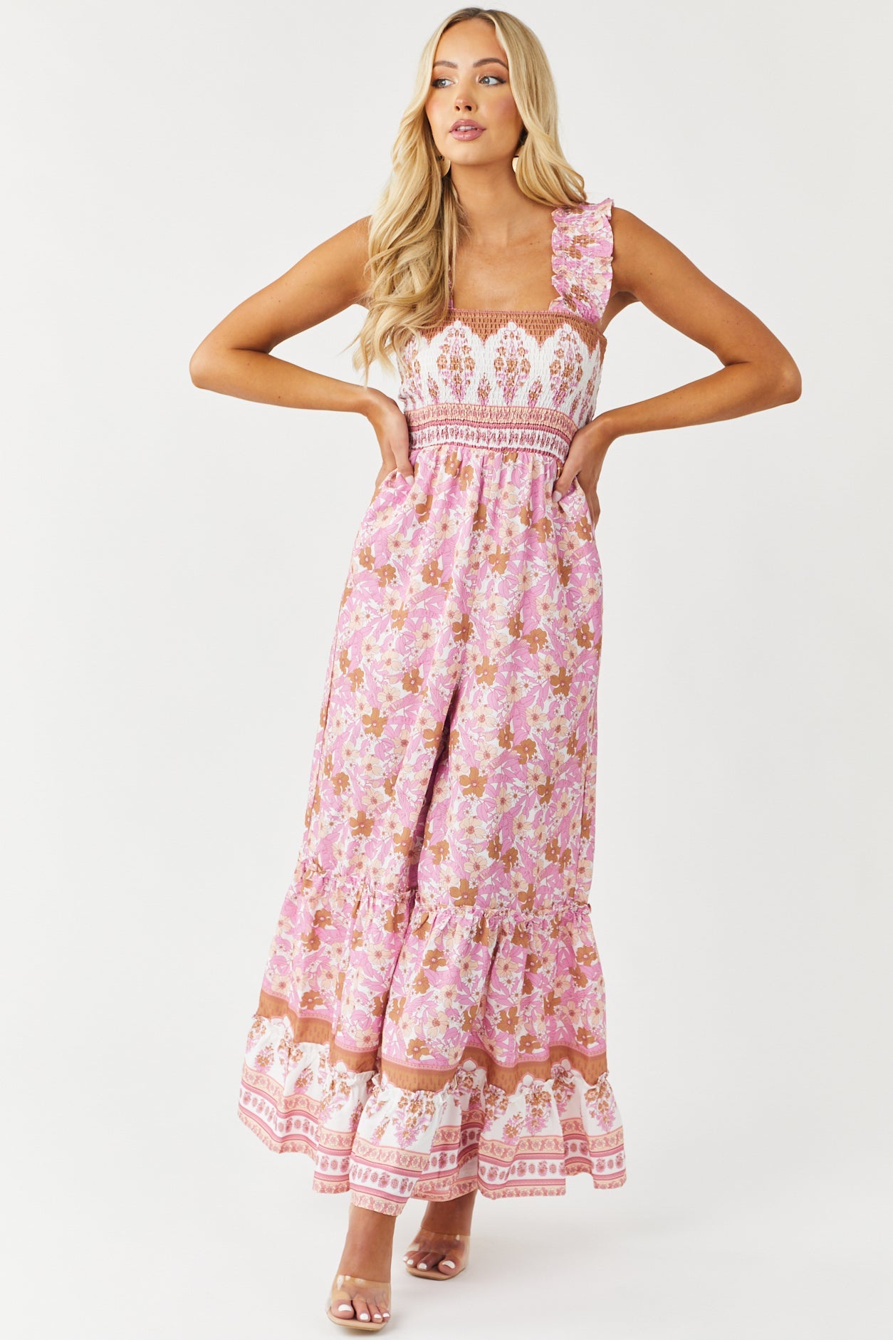 Bubblegum Boho Border Print Smocked Jumpsuit
