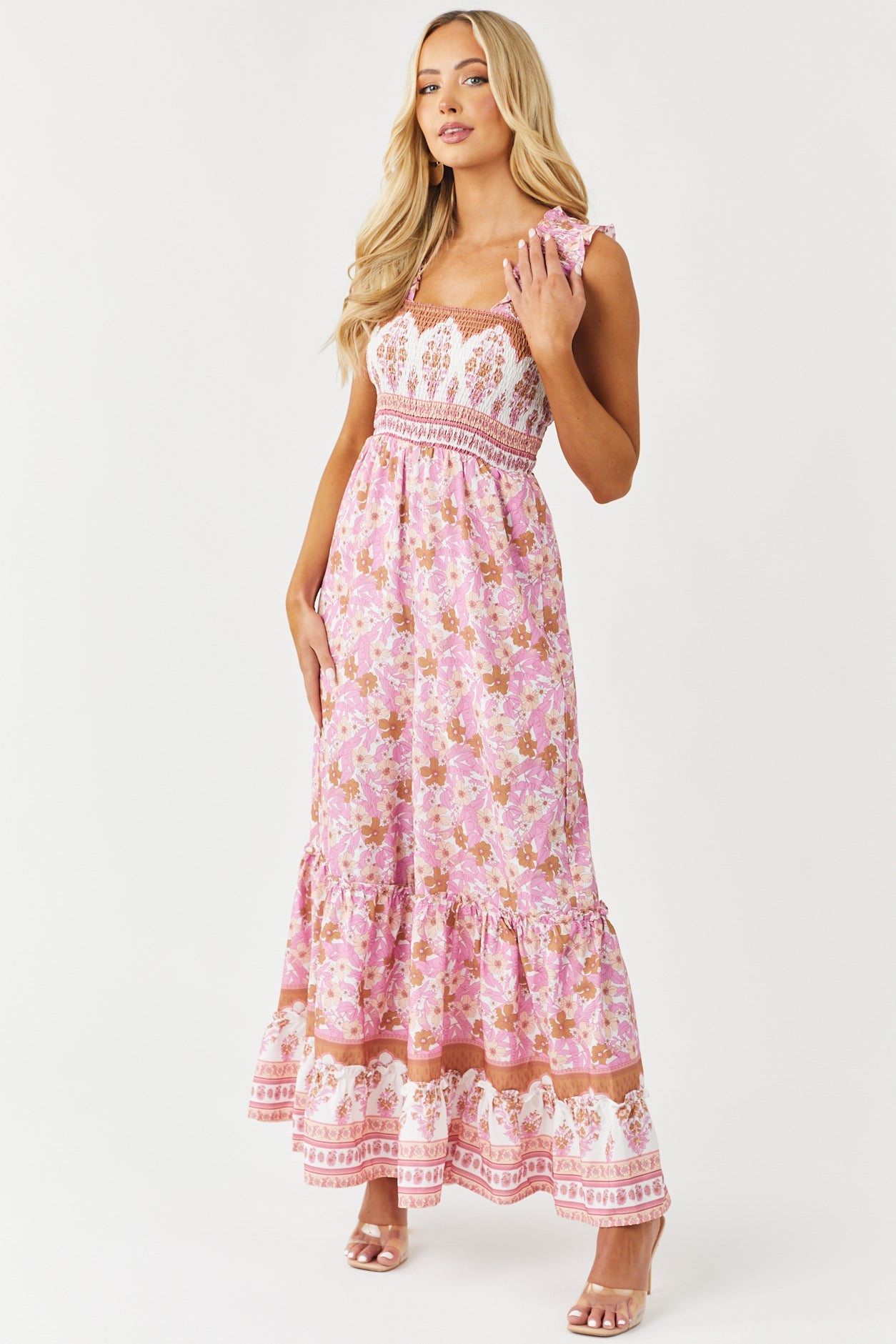 Bubblegum Boho Border Print Smocked Jumpsuit