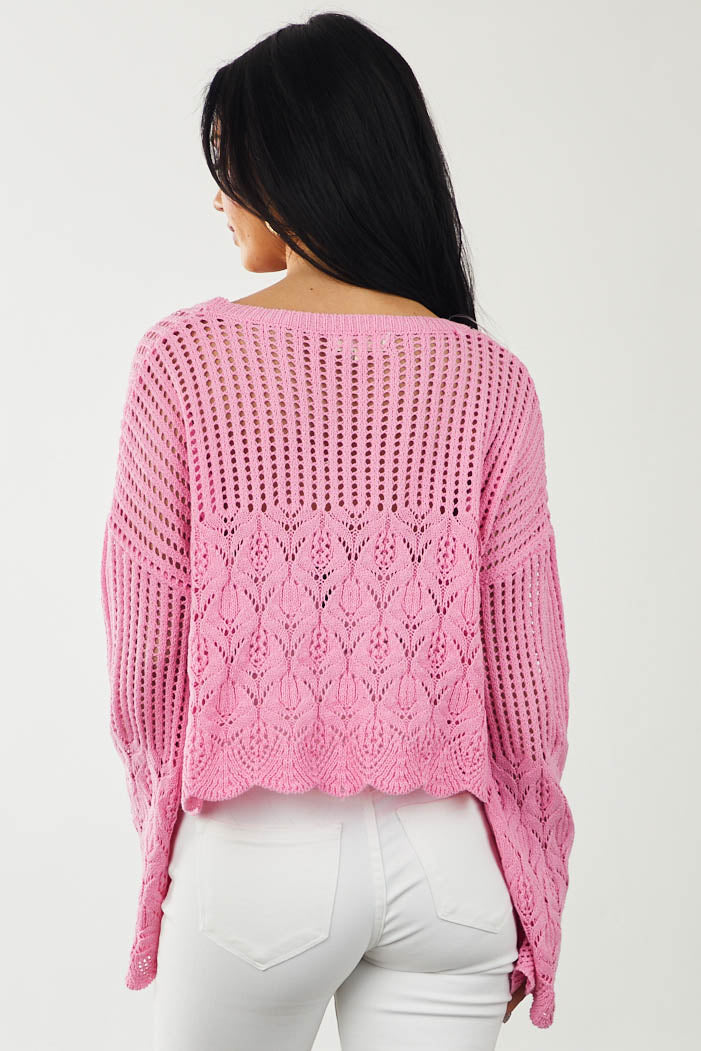 Bubblegum Cropped Pointelle Crochet Knit Sweater