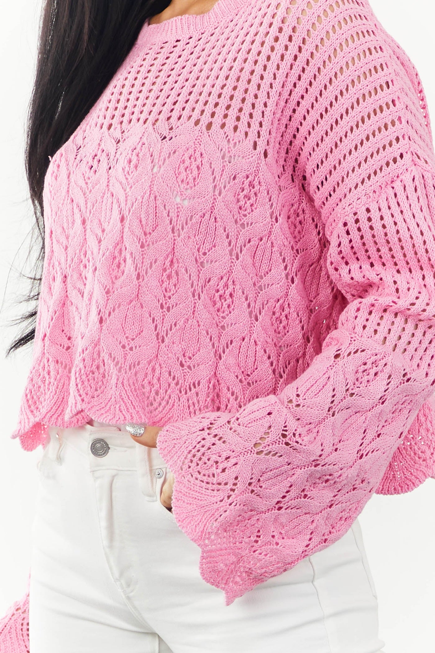 Bubblegum Cropped Pointelle Crochet Knit Sweater