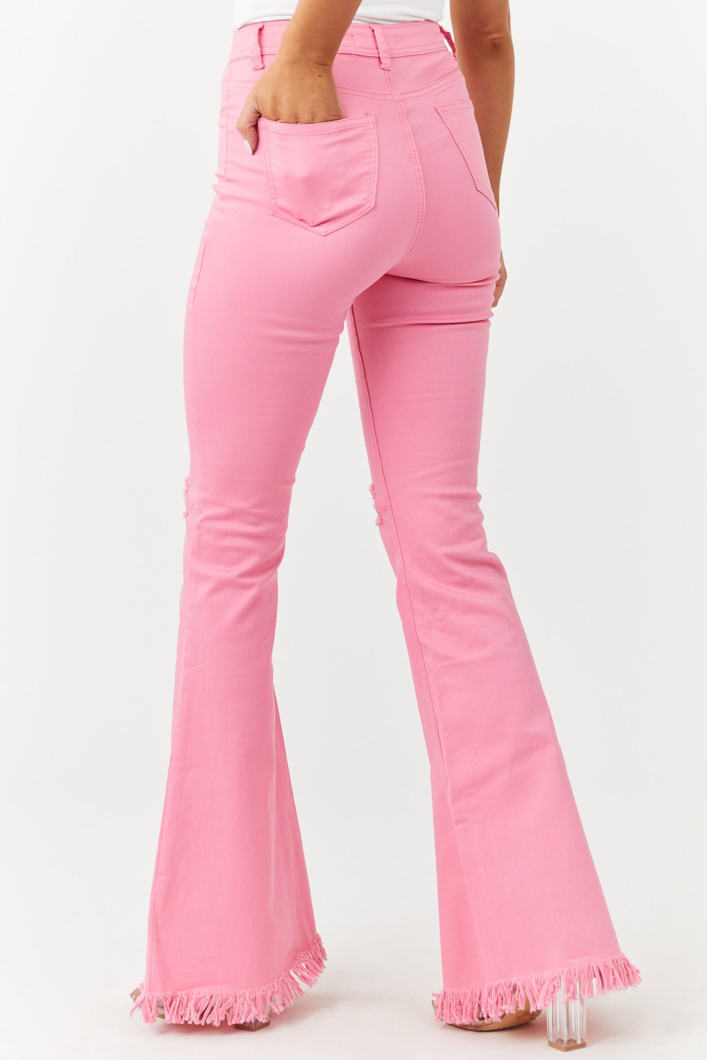 Bubblegum Distressed Knee High Rise Flare Jeans