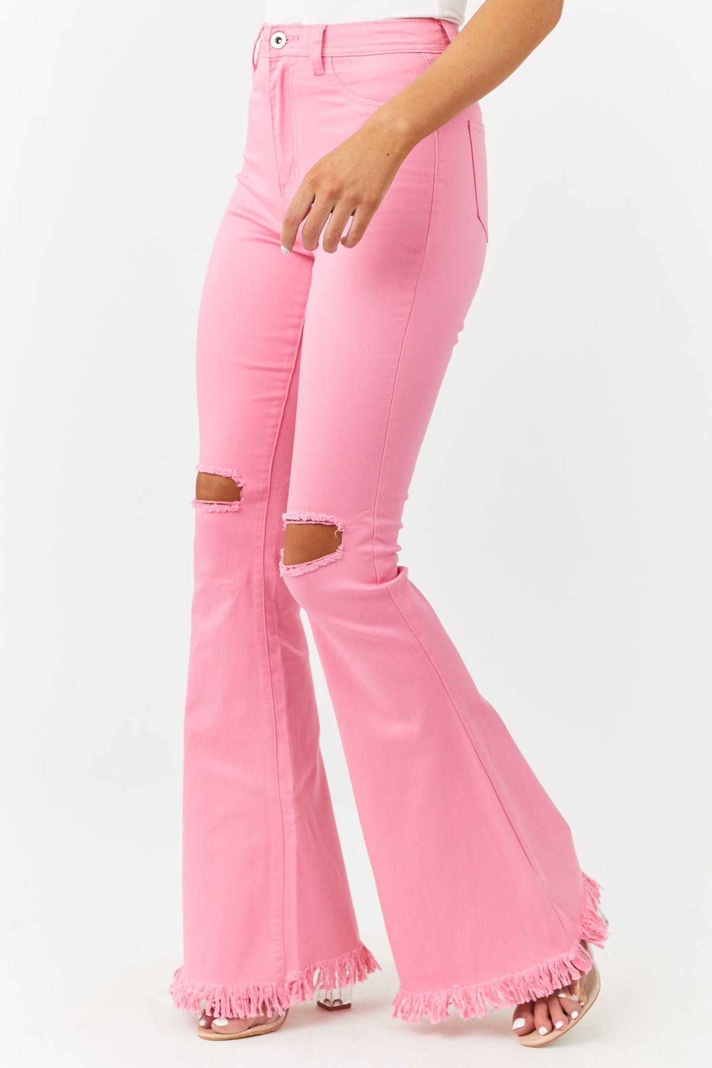 Bubblegum Distressed Knee High Rise Flare Jeans