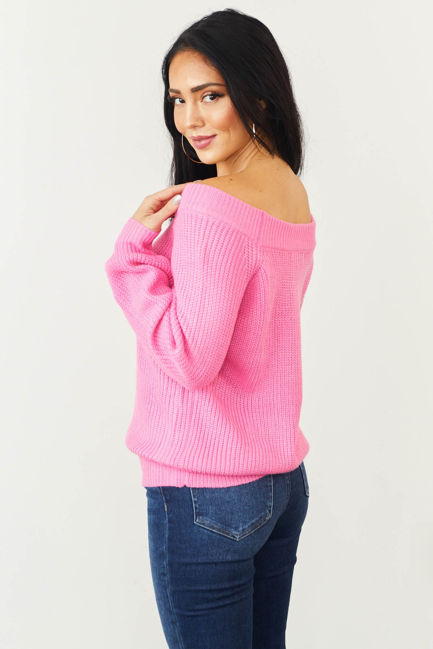 Bubblegum Long Sleeve Off Shoulder Knit Sweater