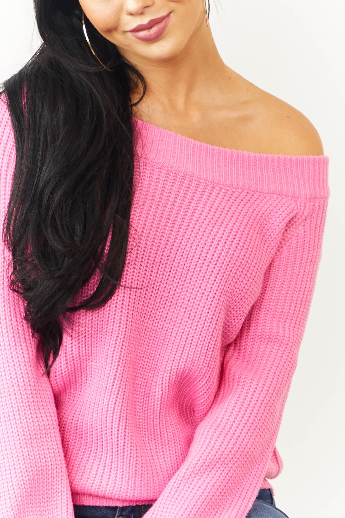 Bubblegum Long Sleeve Off Shoulder Knit Sweater