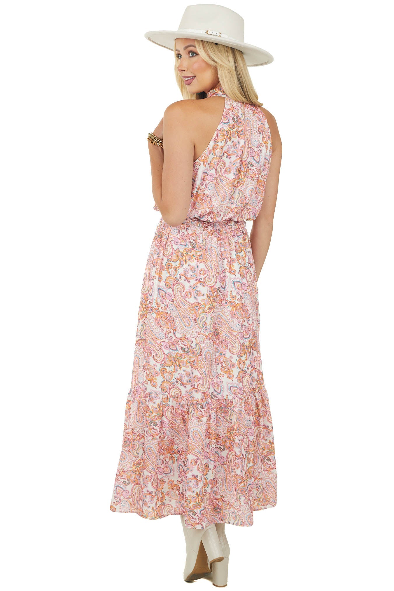 Bubblegum Paisley Print Halter Neck Maxi Dress