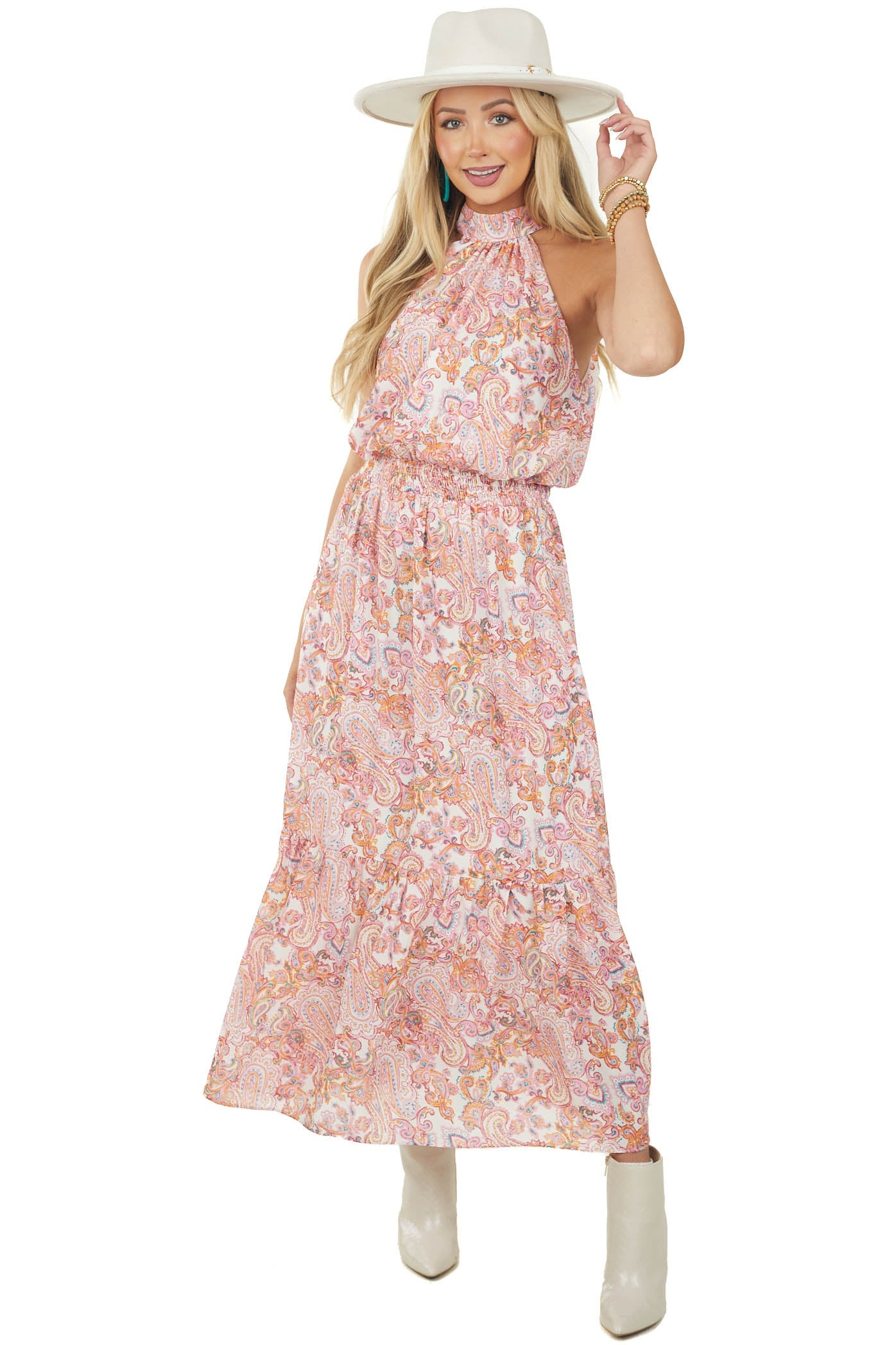 Bubblegum Paisley Print Halter Neck Maxi Dress
