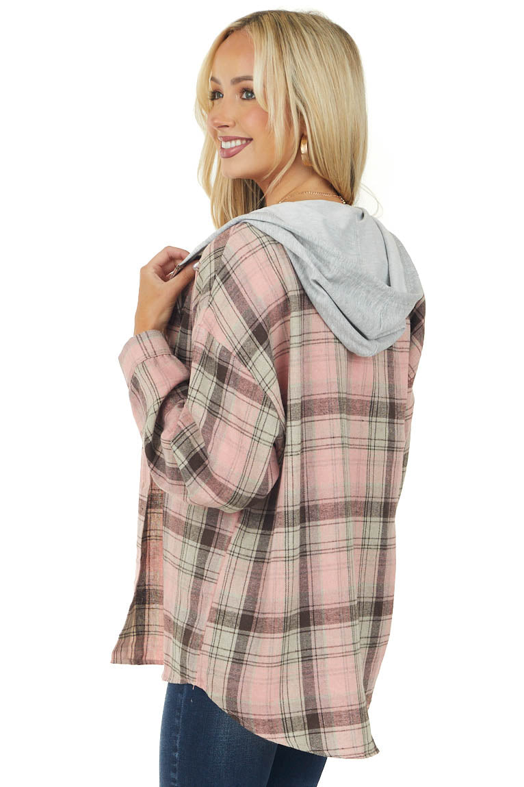 Bubblegum Plaid Drawstring Hooded Flannel Top