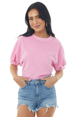 Bubblegum Ribbed Trim Open Back Puff Sleeve Top