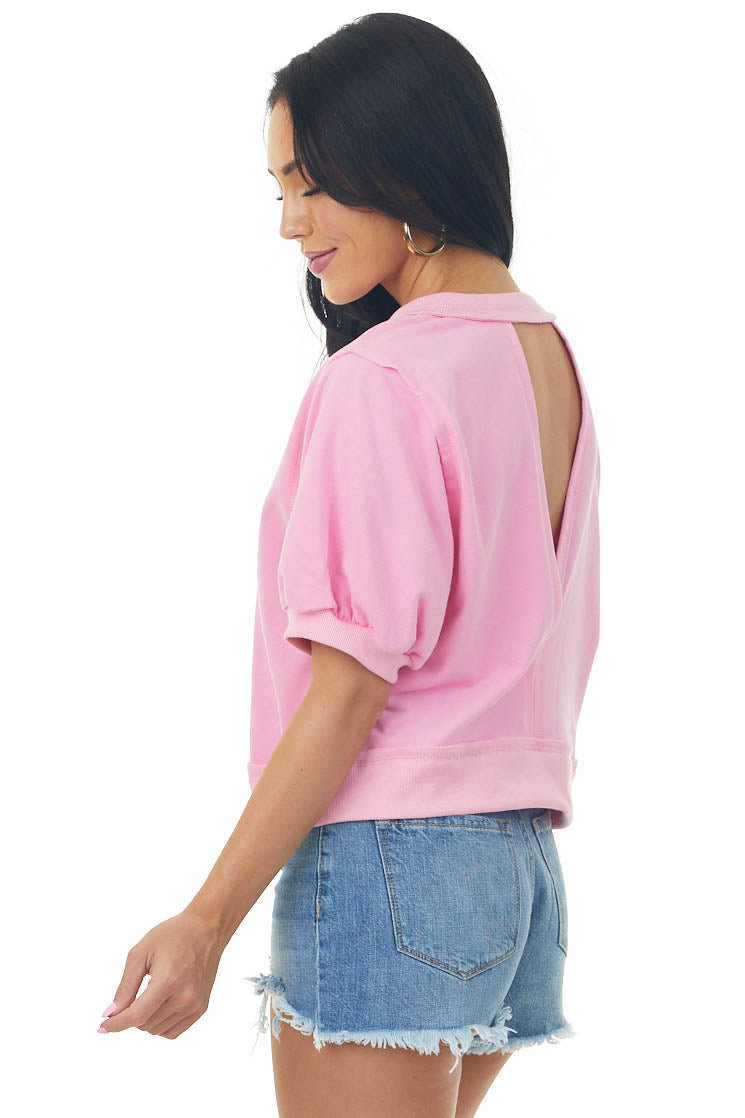 Bubblegum Ribbed Trim Open Back Puff Sleeve Top