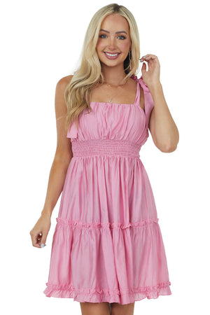 Bubblegum Shoulder Tie Strap Ruffle Tiered Dress