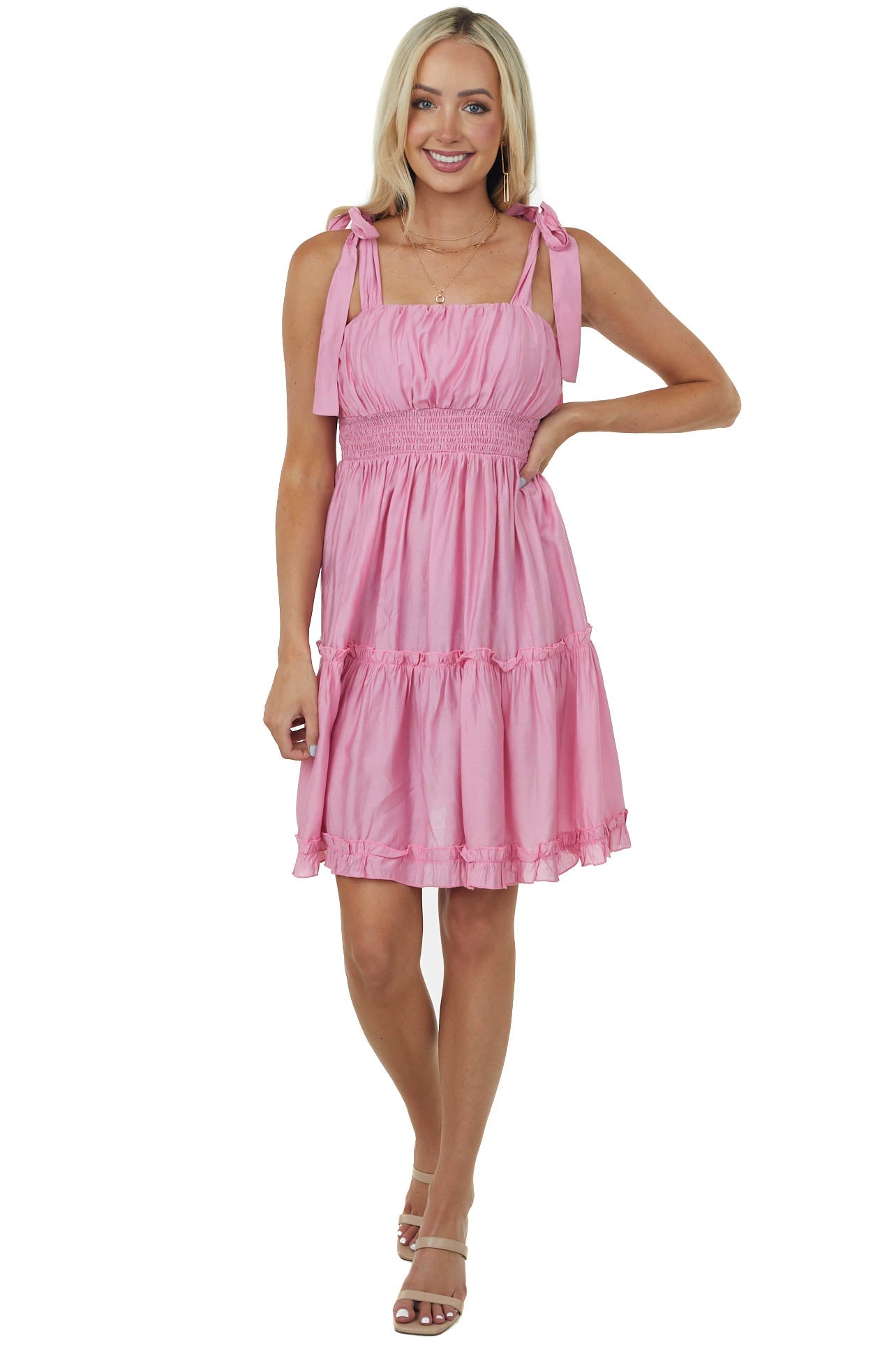 Bubblegum Shoulder Tie Strap Ruffle Tiered Dress