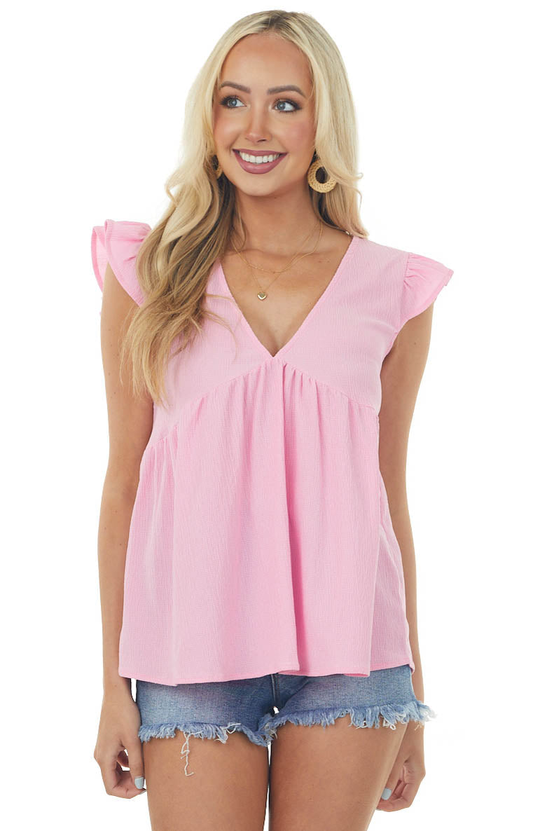 Bubblegum Textured Babydoll Ruffle Sleeve Top