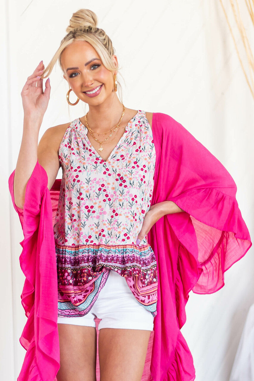 Bubblegum Floral Print Notch Neck Halter Tank