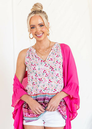 Bubblegum Floral Print Notch Neck Halter Tank