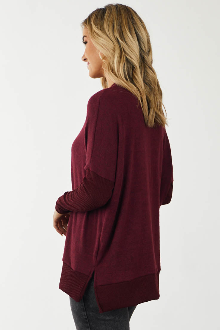Burgundy Brushed Knit Top with Ribbed Contrast