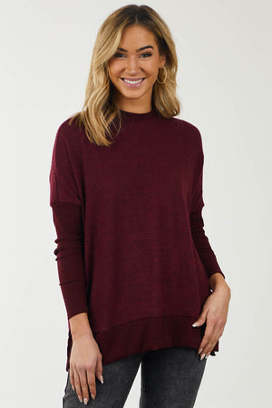 Burgundy Brushed Knit Top with Ribbed Contrast