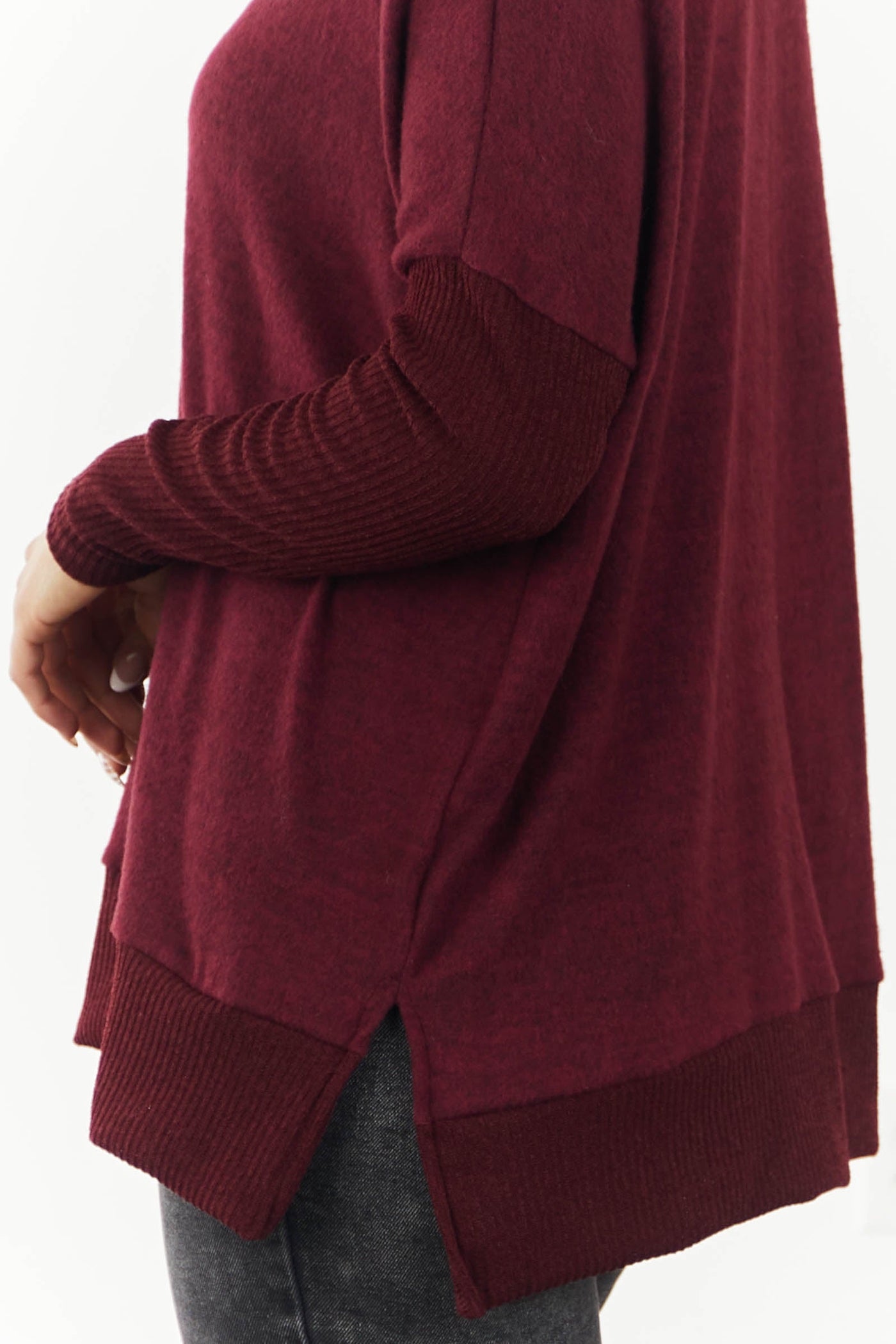 Burgundy Brushed Knit Top with Ribbed Contrast